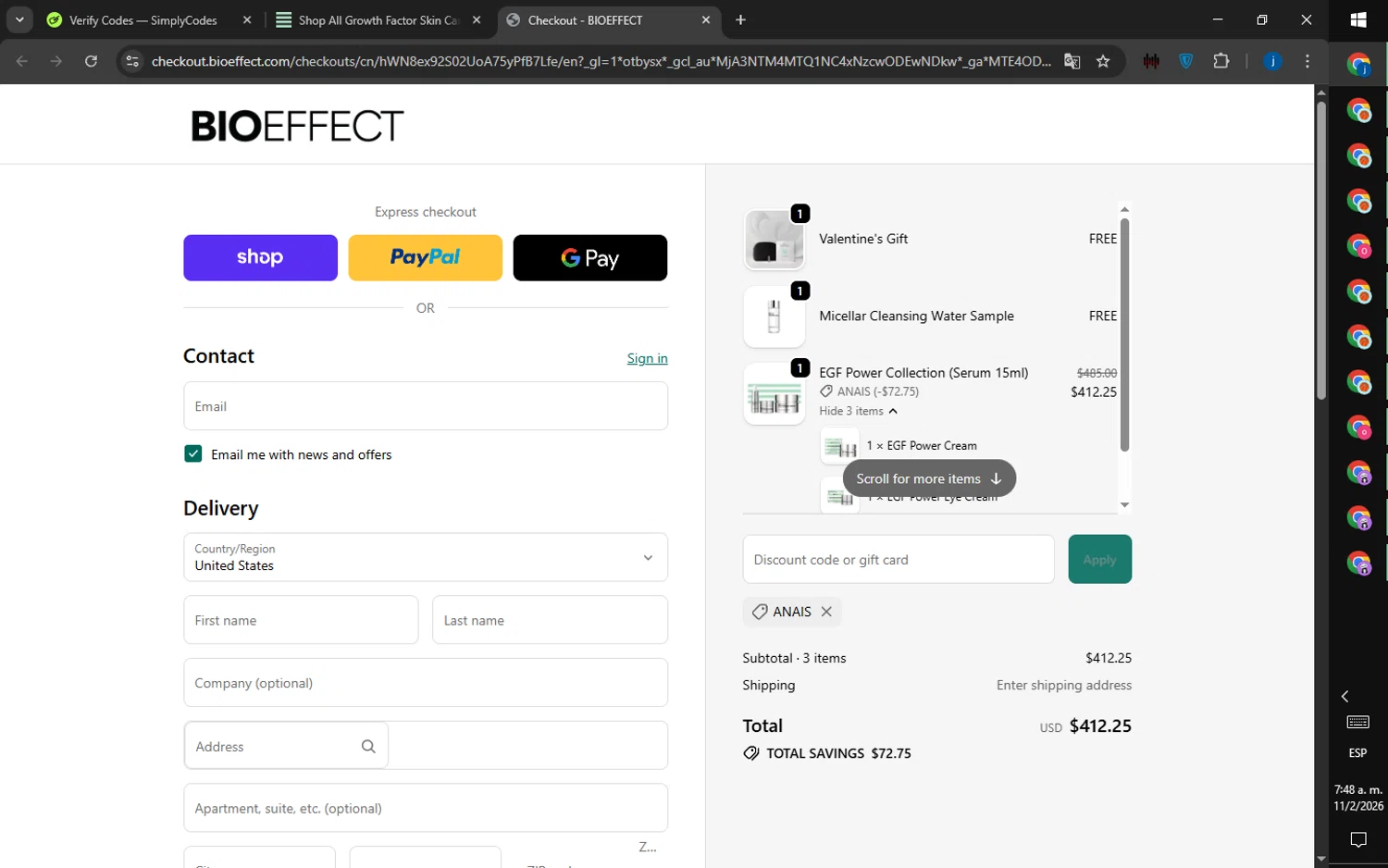 BIOEFFECT checkout page showing BIOEFFECT promo code box | Screenshot taken by SimplyCodes community member on Feb 11, 2026