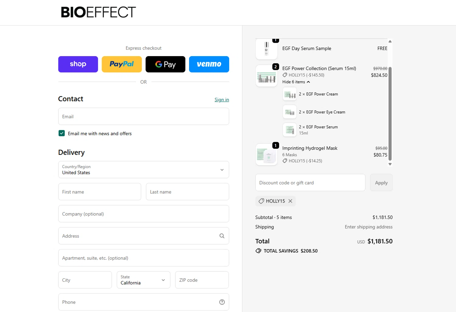 BIOEFFECT promo code screenshot showing code HOLLY15 applied at BIOEFFECT checkout page. Uploaded by SimplyCodes community member jade5416625024720 on Jan 13, 2026