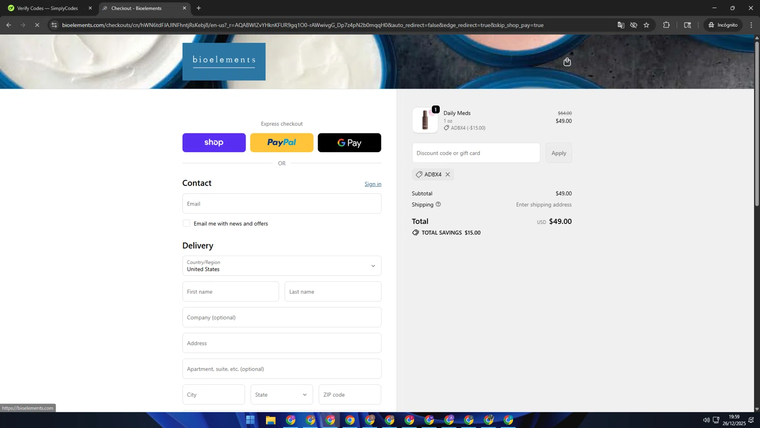 Bioelements Skincare promo code screenshot showing code ADBX4 applied at Bioelements Skincare checkout page. Uploaded by SimplyCodes community member CBR600 on Dec 27, 2025