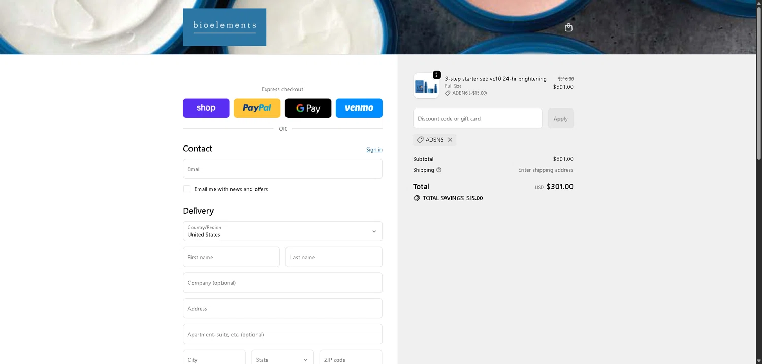 Bioelements Skincare promo code screenshot showing code ADBN6 applied at Bioelements Skincare checkout page. Uploaded by SimplyCodes community member SwiftLynx7415 on Dec 29, 2025