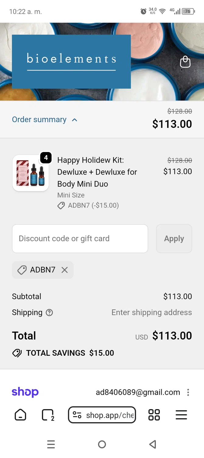 Bioelements Skincare promo code screenshot showing code ADBN7 applied at Bioelements Skincare checkout page. Uploaded by SimplyCodes community member AnthonyGuapeton94 on Dec 29, 2025