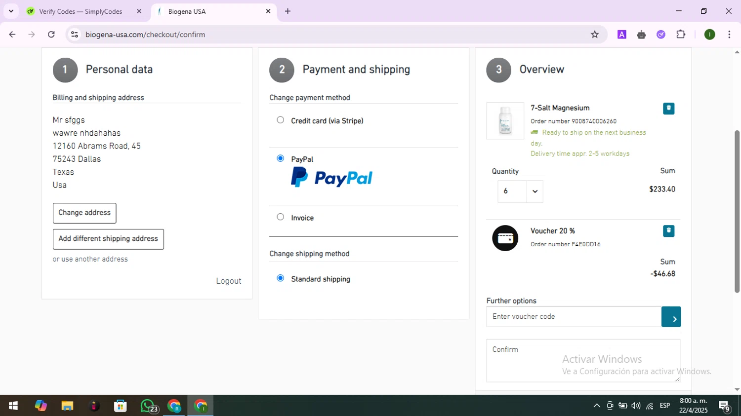 Biogena promo code screenshot showing code F4E0DD16 applied at Biogena checkout page. Uploaded by SimplyCodes community member LuckyNavigator1490 on Apr 22, 2025