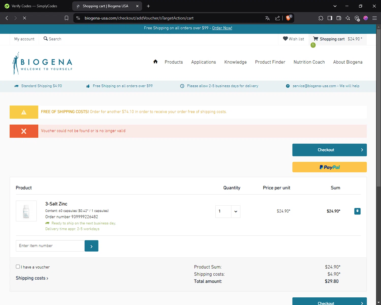Biogena promo code screenshot showing code WELCOME25 applied at Biogena checkout page. Uploaded by SimplyCodes community member Doomslayer on Feb 13, 2025