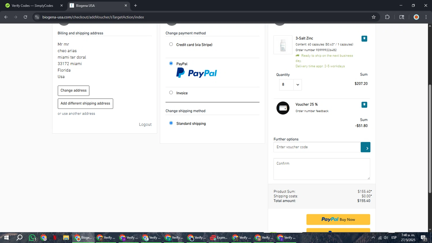 Biogena promo code screenshot showing code feedback applied at Biogena checkout page. Uploaded by SimplyCodes community member BonusCaptain9927 on May 27, 2025