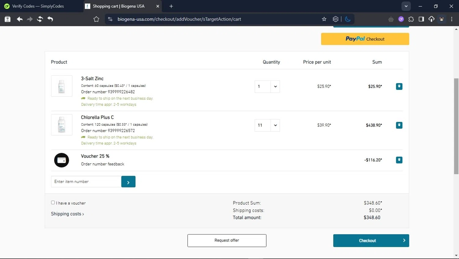Biogena promo code screenshot showing code feedback applied at Biogena checkout page. Uploaded by SimplyCodes community member CleverPioneer8971 on May 21, 2025
