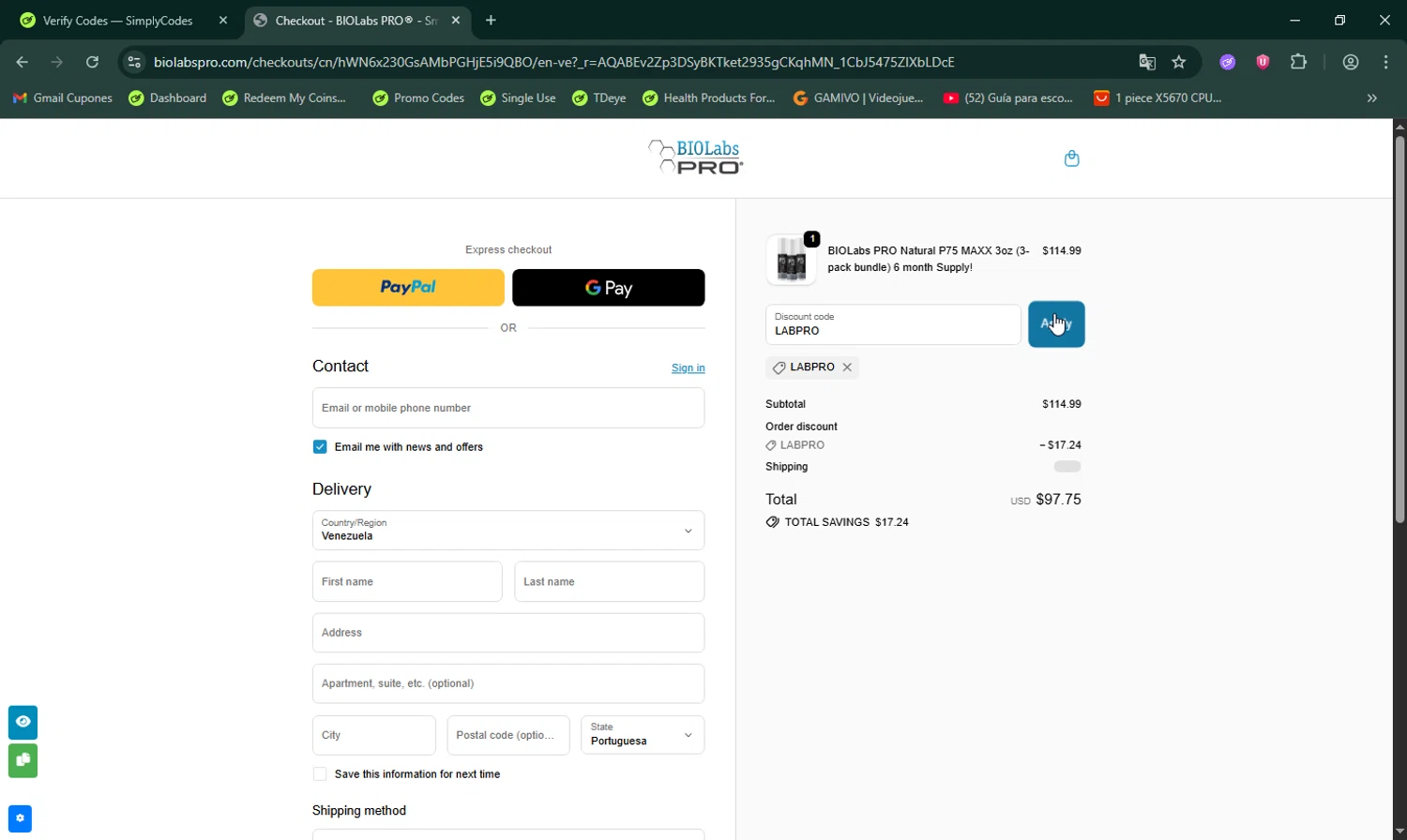 BIOLabs PRO coupon code screenshot showing code LABPRO applied at BIOLabs PRO checkout page. Uploaded by SimplyCodes community member LHaunter on Dec 28, 2025