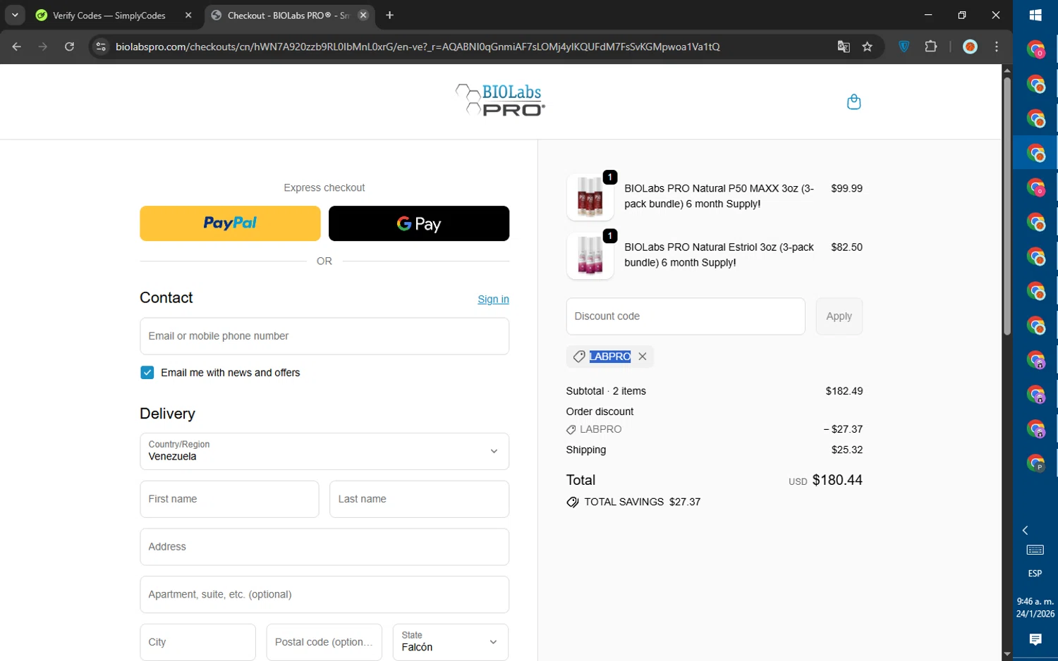 BIOLabs PRO coupon code screenshot showing code LABPRO applied at BIOLabs PRO checkout page. Uploaded by SimplyCodes community member SalePhoenix823 on Jan 24, 2026