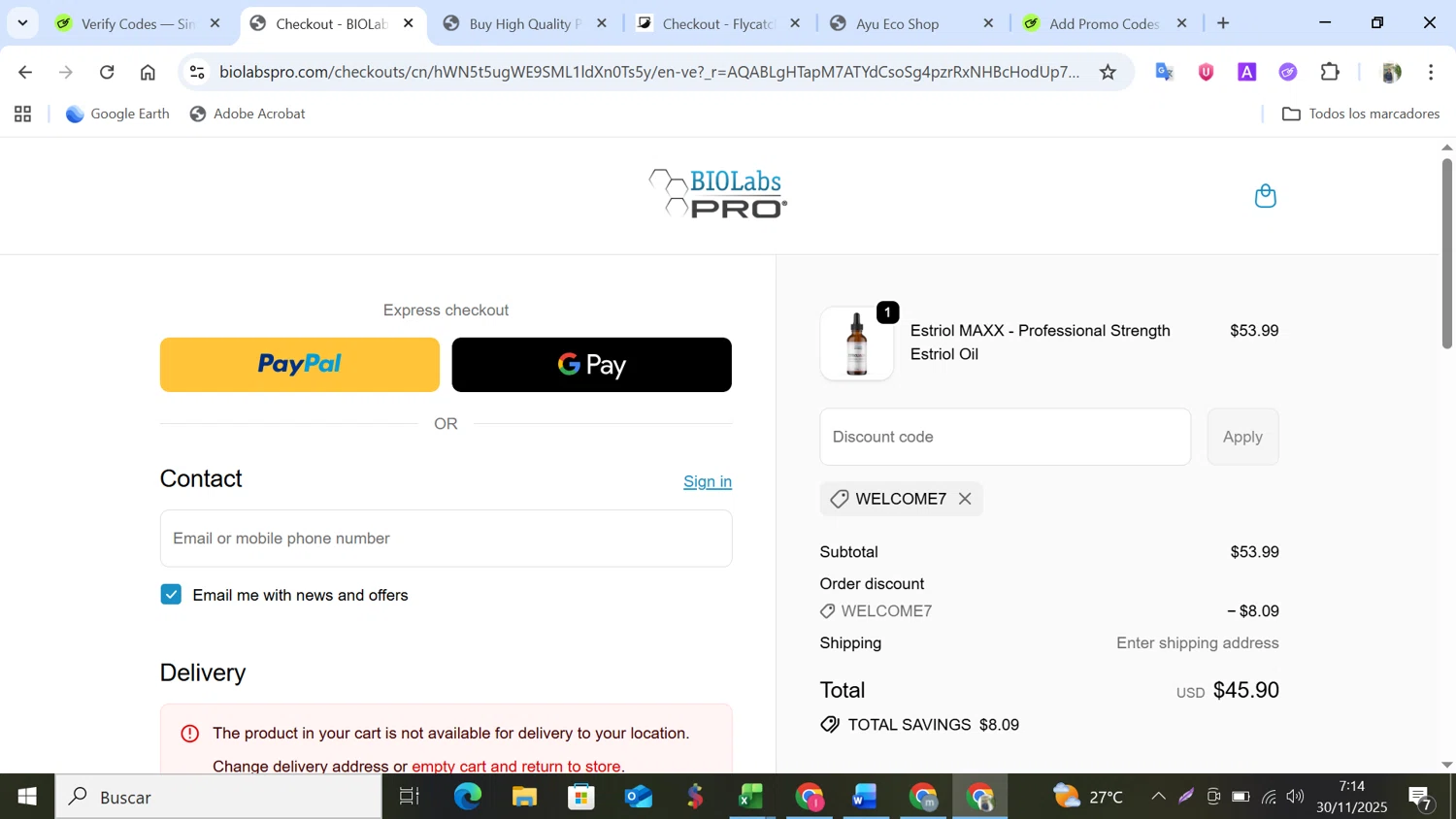 BIOLabs PRO coupon code screenshot showing code WELCOME7 applied at BIOLabs PRO checkout page. Uploaded by SimplyCodes community member NobleMonarch5837 on Nov 30, 2025