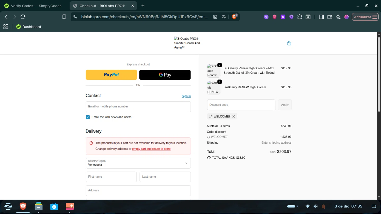 BIOLabs PRO coupon code screenshot showing code WELCOME7 applied at BIOLabs PRO checkout page. Uploaded by SimplyCodes community member WonderHawk4190 on Dec 3, 2025