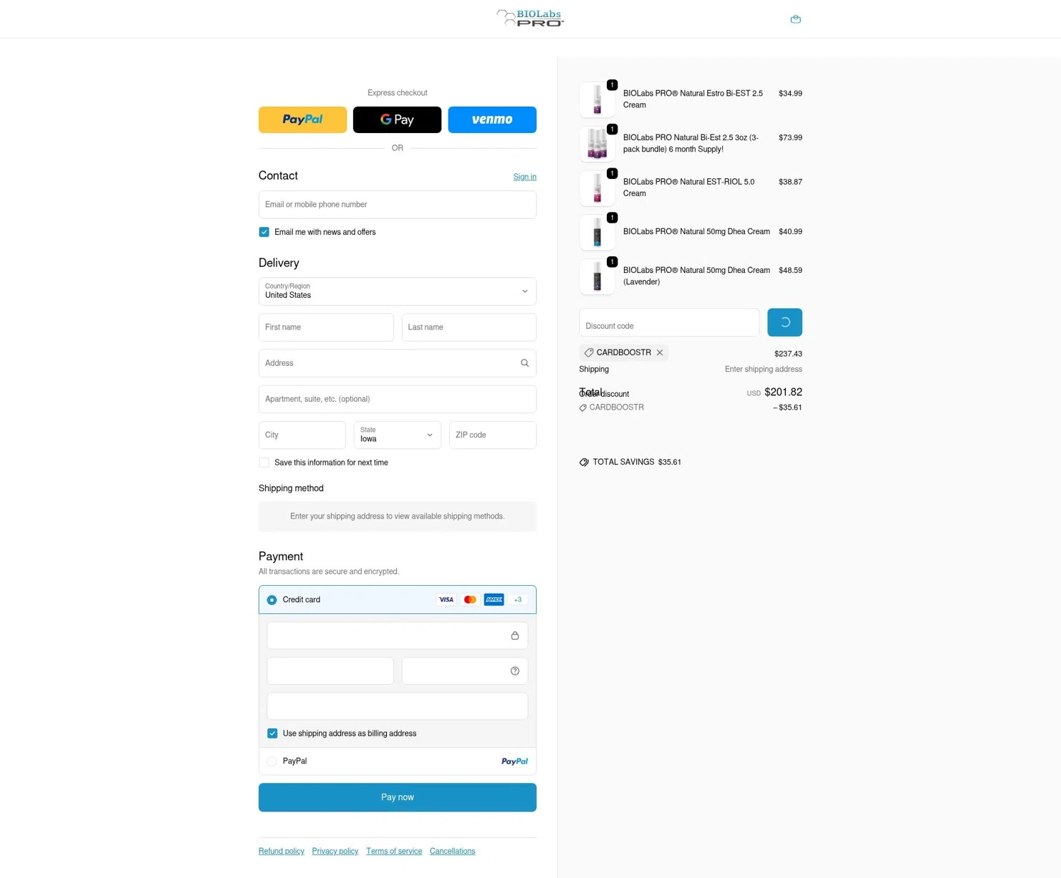 BIOLabs PRO coupon code screenshot showing code CARDBOOSTR applied at BIOLabs PRO checkout page. Uploaded by SimplyCodes community member terricameron on Jan 8, 2026