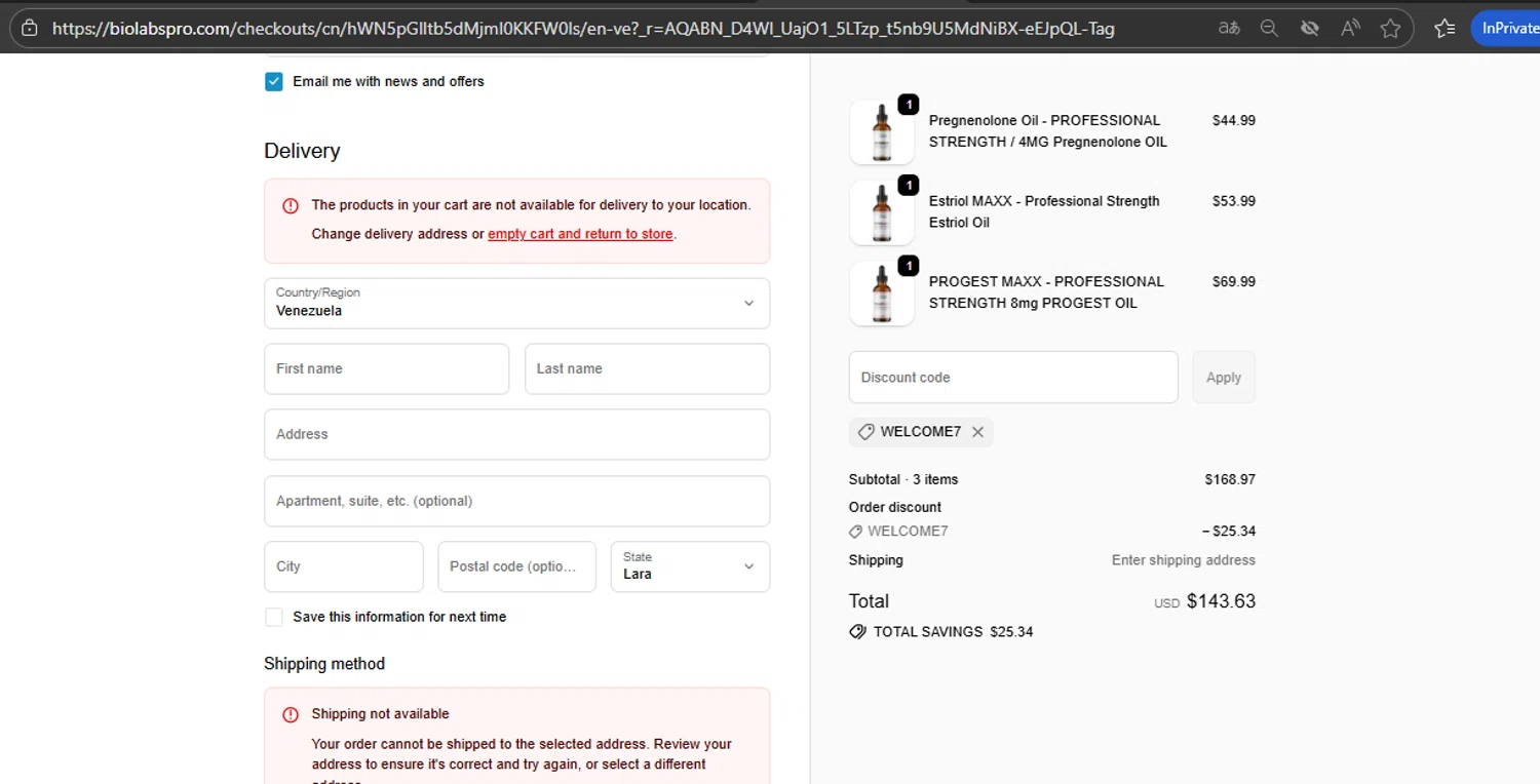 BIOLabs PRO coupon code screenshot showing code WELCOME7 applied at BIOLabs PRO checkout page. Uploaded by SimplyCodes community member lizzyworks on Nov 28, 2025