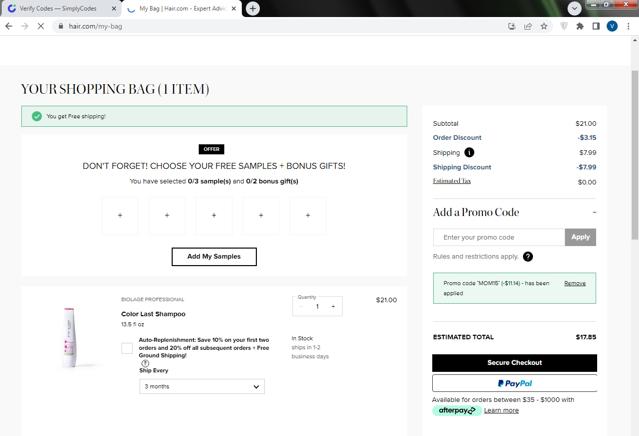 Biolage checkout page showing Biolage promo code box | Screenshot taken by SimplyCodes community member on May 2, 2022
