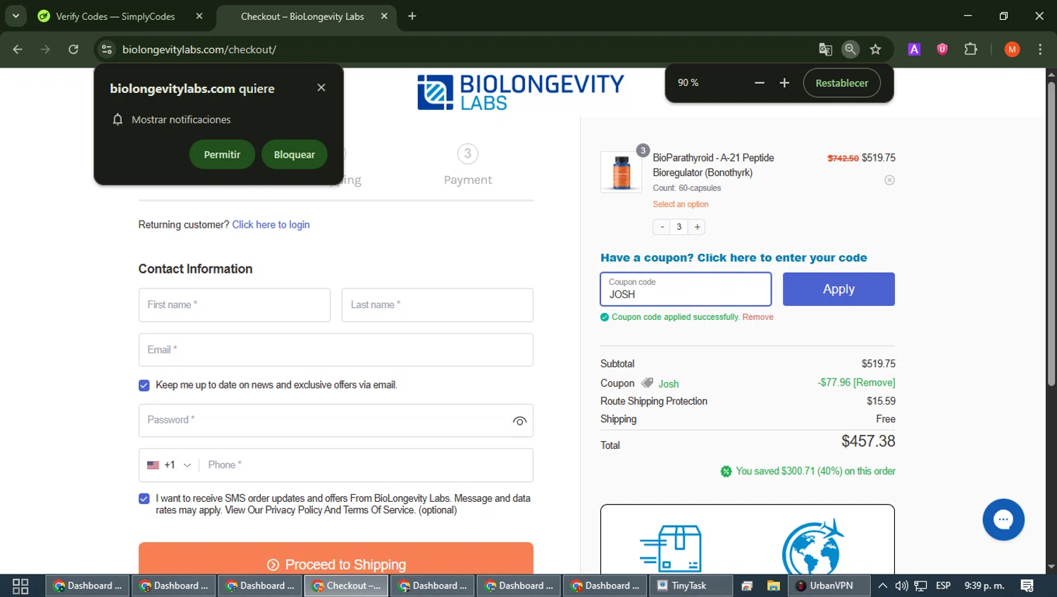 BioLongevity Labs checkout page showing BioLongevity Labs discount code box | Screenshot taken by SimplyCodes community member on Feb 12, 2026