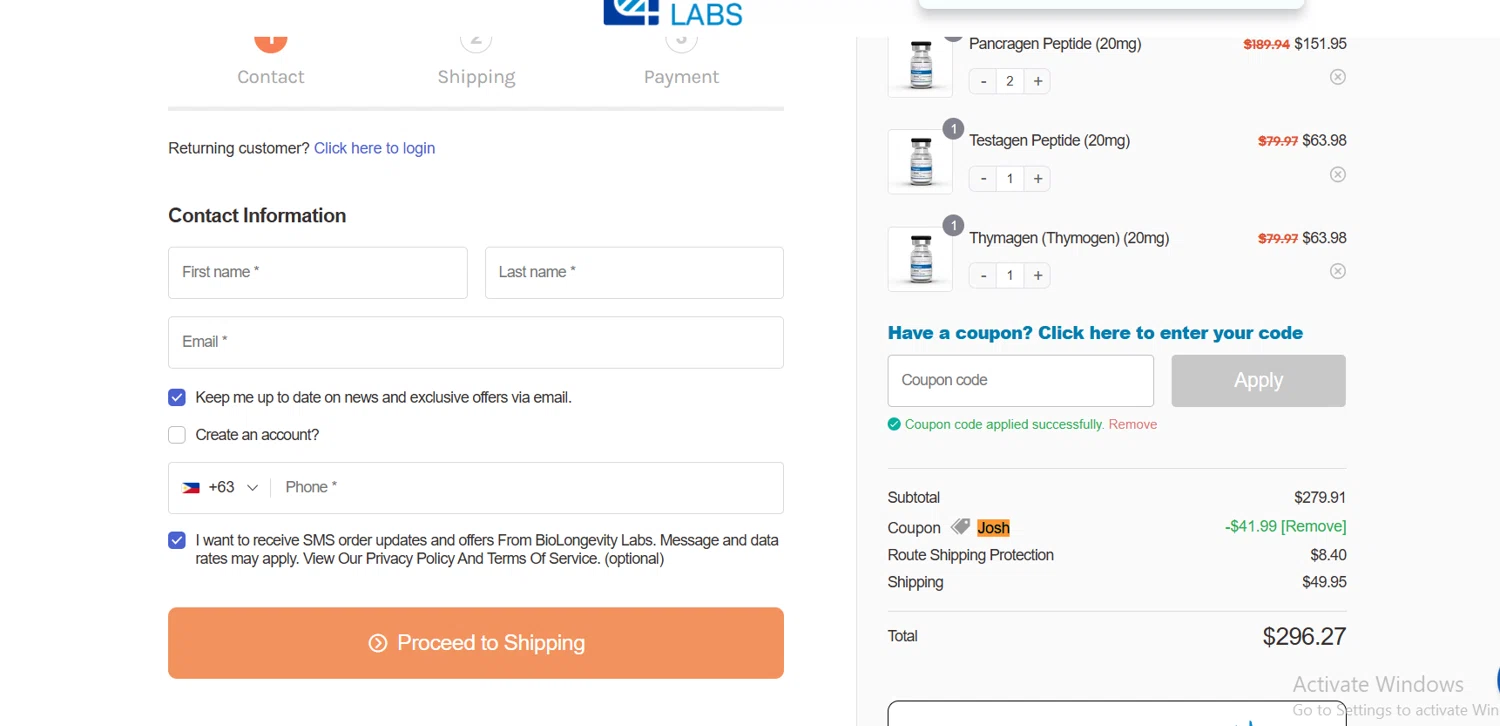 BioLongevity Labs discount code screenshot showing code JOSH applied at BioLongevity Labs checkout page. Uploaded by SimplyCodes community member Lioniel on Oct 28, 2025