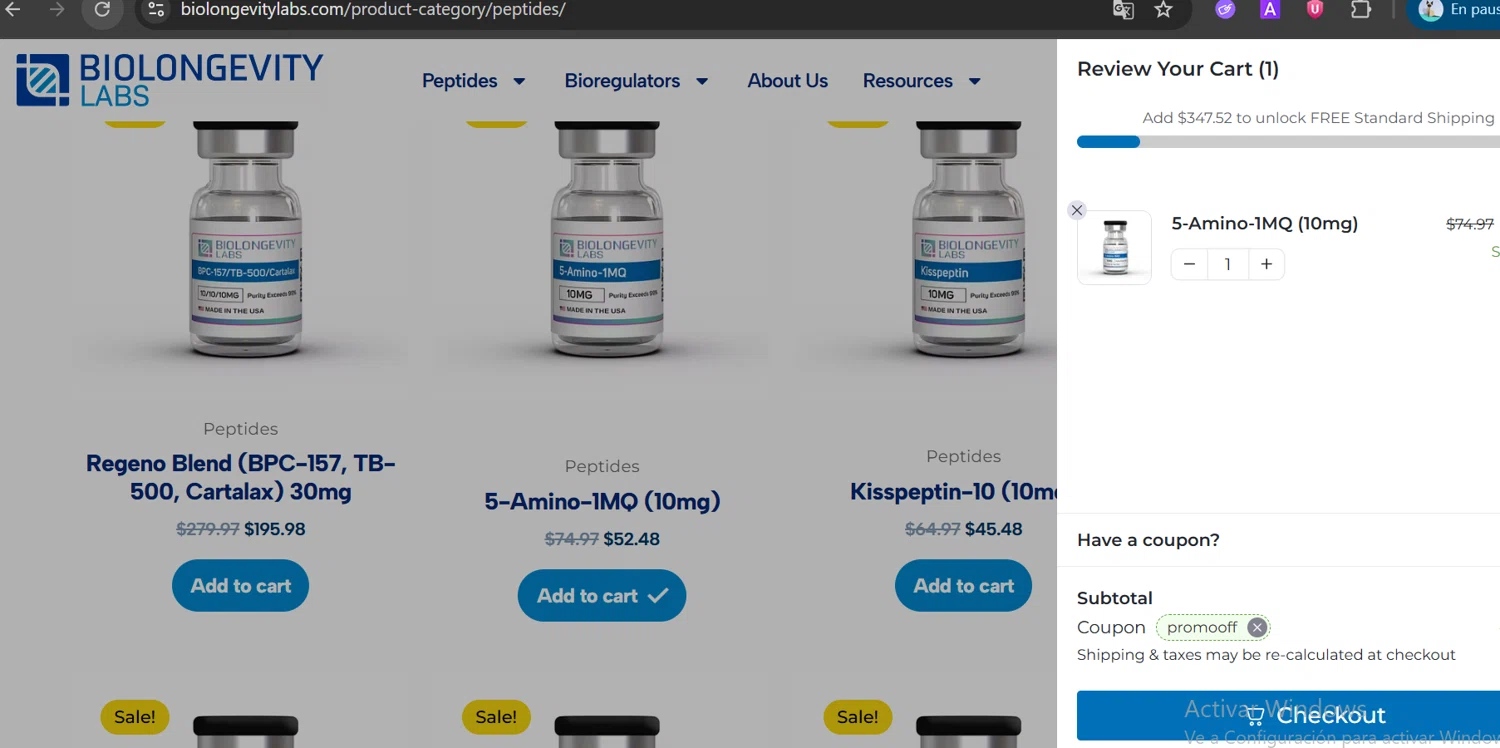 BioLongevity Labs discount code screenshot showing code Promooff applied at BioLongevity Labs checkout page. Uploaded by SimplyCodes community member CoinOwl5103 on Feb 1, 2026