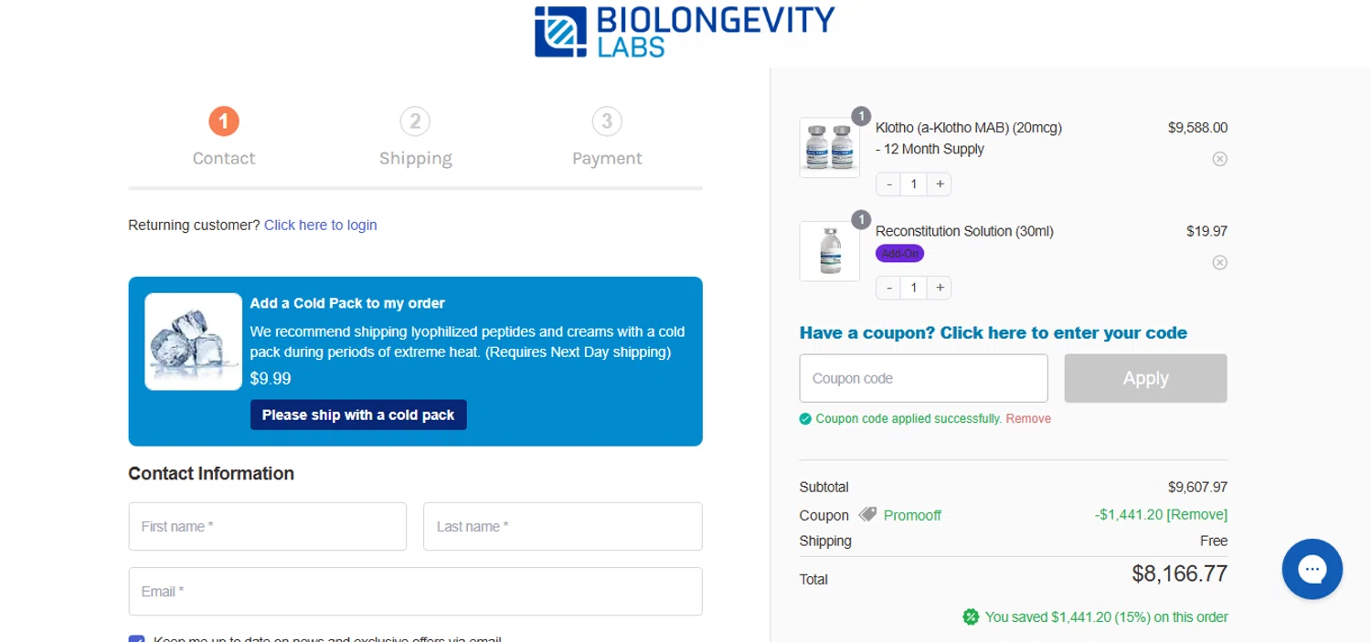 BioLongevity Labs discount code screenshot showing code Promooff applied at BioLongevity Labs checkout page. Uploaded by SimplyCodes community member MagnificentCurator5441 on Dec 5, 2025