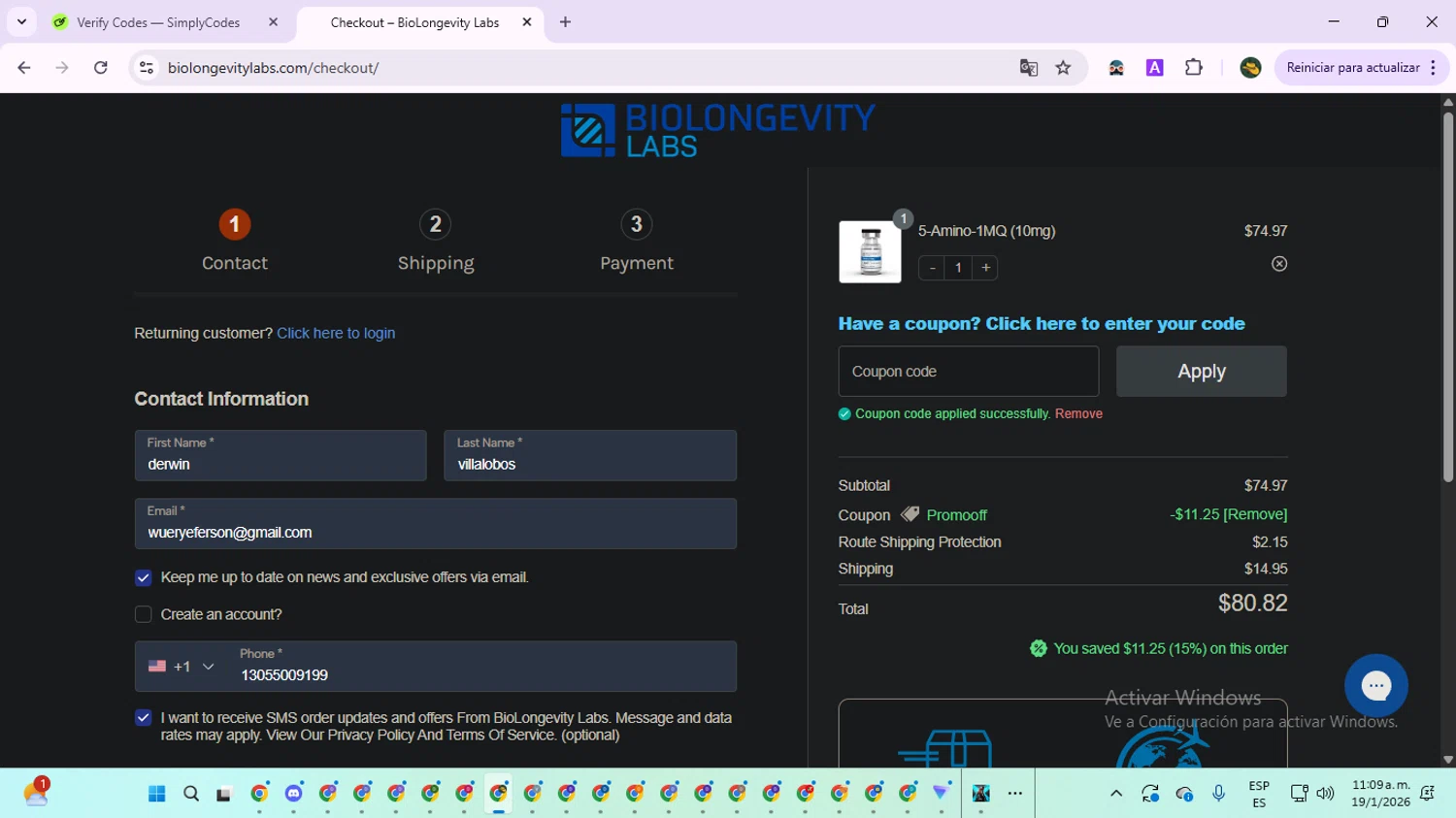 BioLongevity Labs discount code screenshot showing code Promooff applied at BioLongevity Labs checkout page. Uploaded by SimplyCodes community member RewardNavigator9728 on Jan 19, 2026