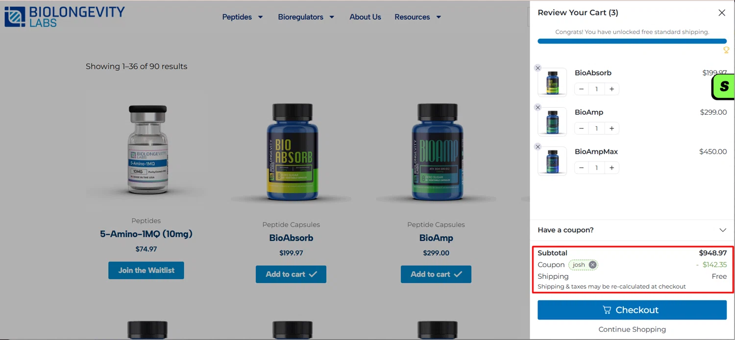 BioLongevity Labs discount code screenshot showing code JOSH applied at BioLongevity Labs checkout page. Uploaded by SimplyCodes community member Jameszy on Sep 9, 2025