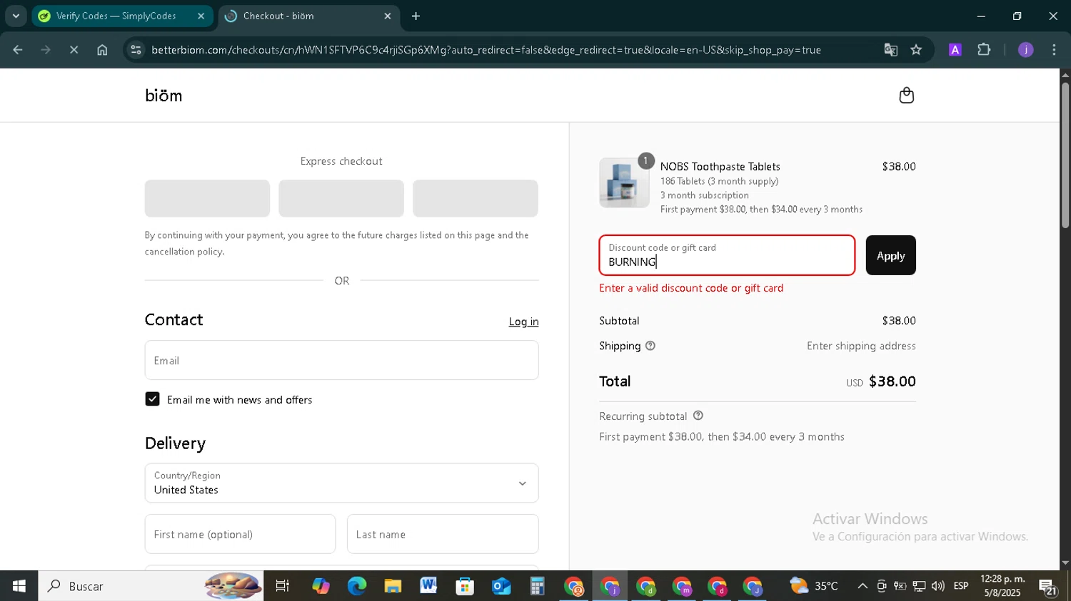 Biöm promo code screenshot showing code BURNING applied at Biöm checkout page. Uploaded by SimplyCodes community member TAZ2024 on Aug 5, 2025