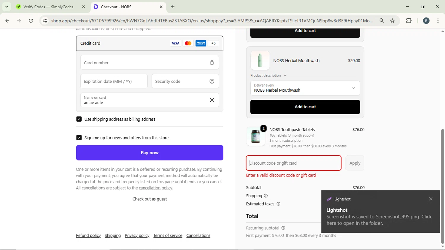 Biöm promo code screenshot showing code NOBSINYOURMOUTH applied at Biöm checkout page. Uploaded by SimplyCodes community member ScanPhoenix3549 on Jan 5, 2026