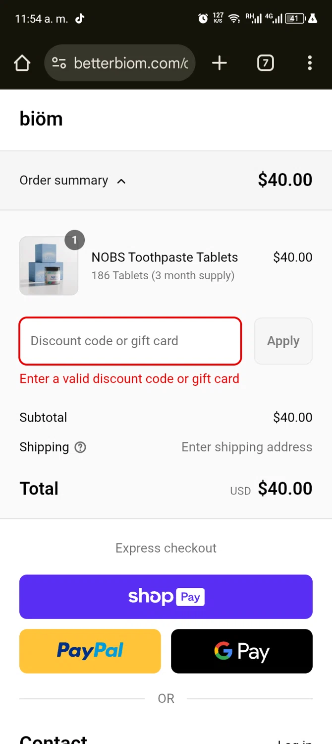 Biöm promo code screenshot showing code NOBSINYOURMOUTH applied at Biöm checkout page. Uploaded by SimplyCodes community member ScanShopper554 on Aug 5, 2025