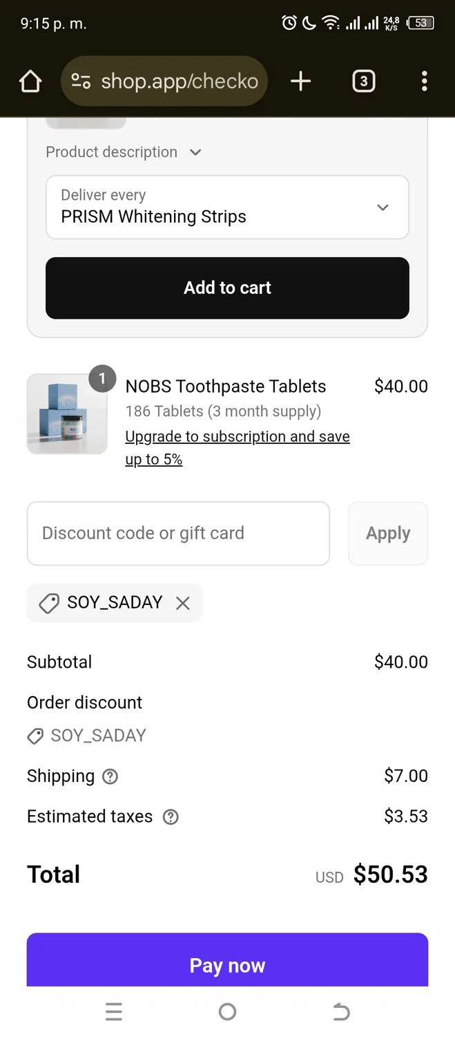 Biöm promo code screenshot showing code SOY_SADAY applied at Biöm checkout page. Uploaded by SimplyCodes community member Garou_Y2K on Sep 7, 2025