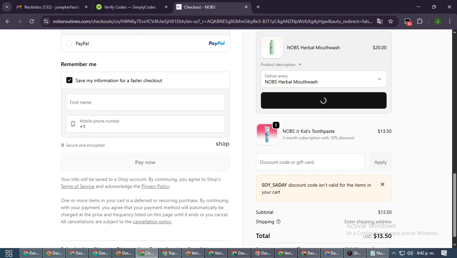 Biöm promo code screenshot showing code SOY_SADAY applied at Biöm checkout page. Uploaded by SimplyCodes community member SmartLion6646 on Dec 28, 2025
