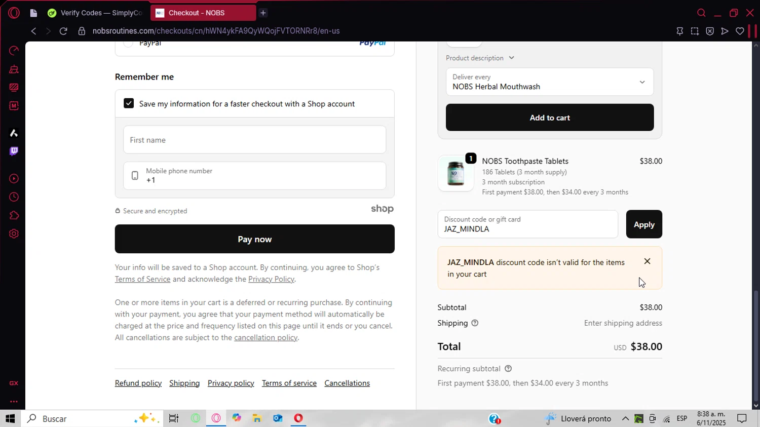 Biöm promo code screenshot showing code JAZ_MINDLA applied at Biöm checkout page. Uploaded by SimplyCodes community member CoinPhoenix3025 on Nov 6, 2025