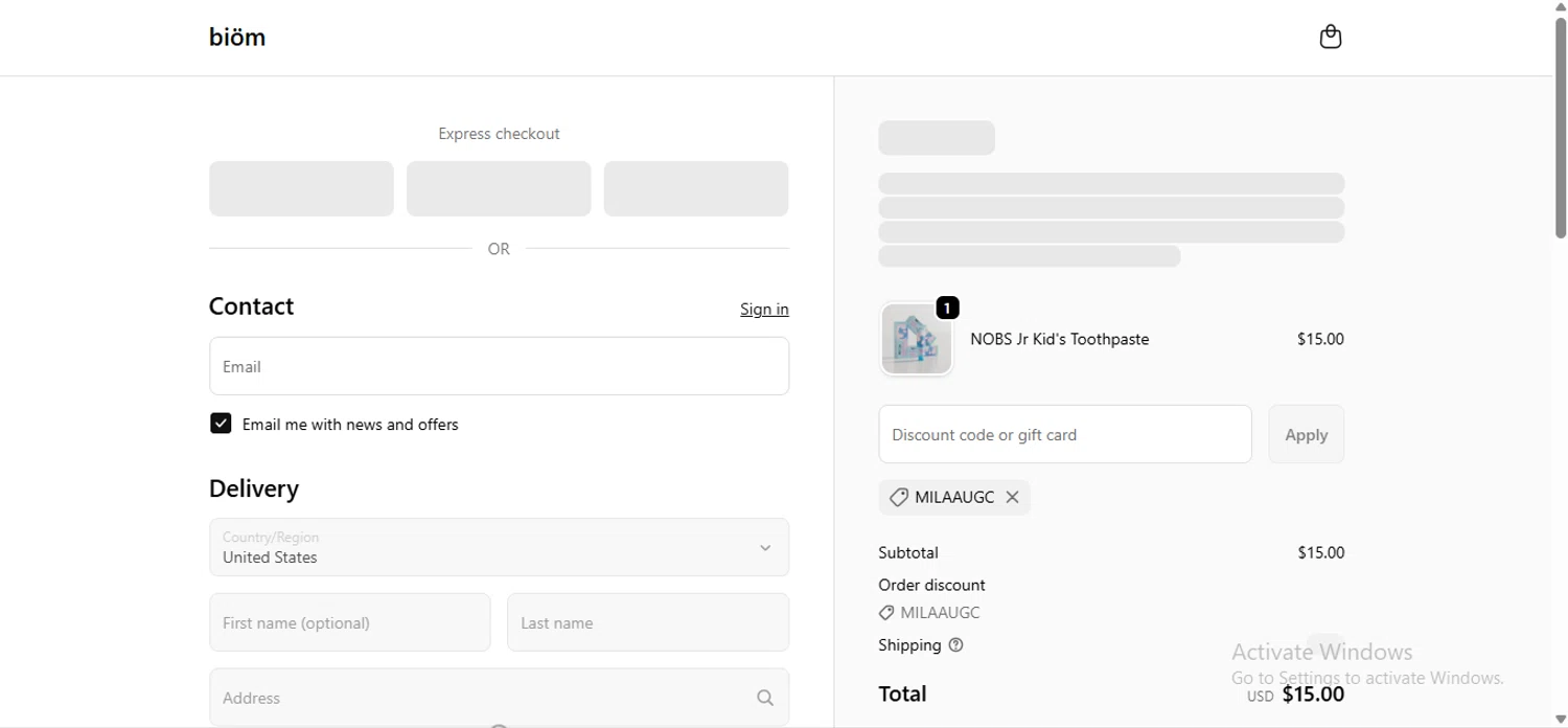 Biöm promo code screenshot showing code MILAAUGC applied at Biöm checkout page. Uploaded by SimplyCodes community member anosesmith on Oct 14, 2025