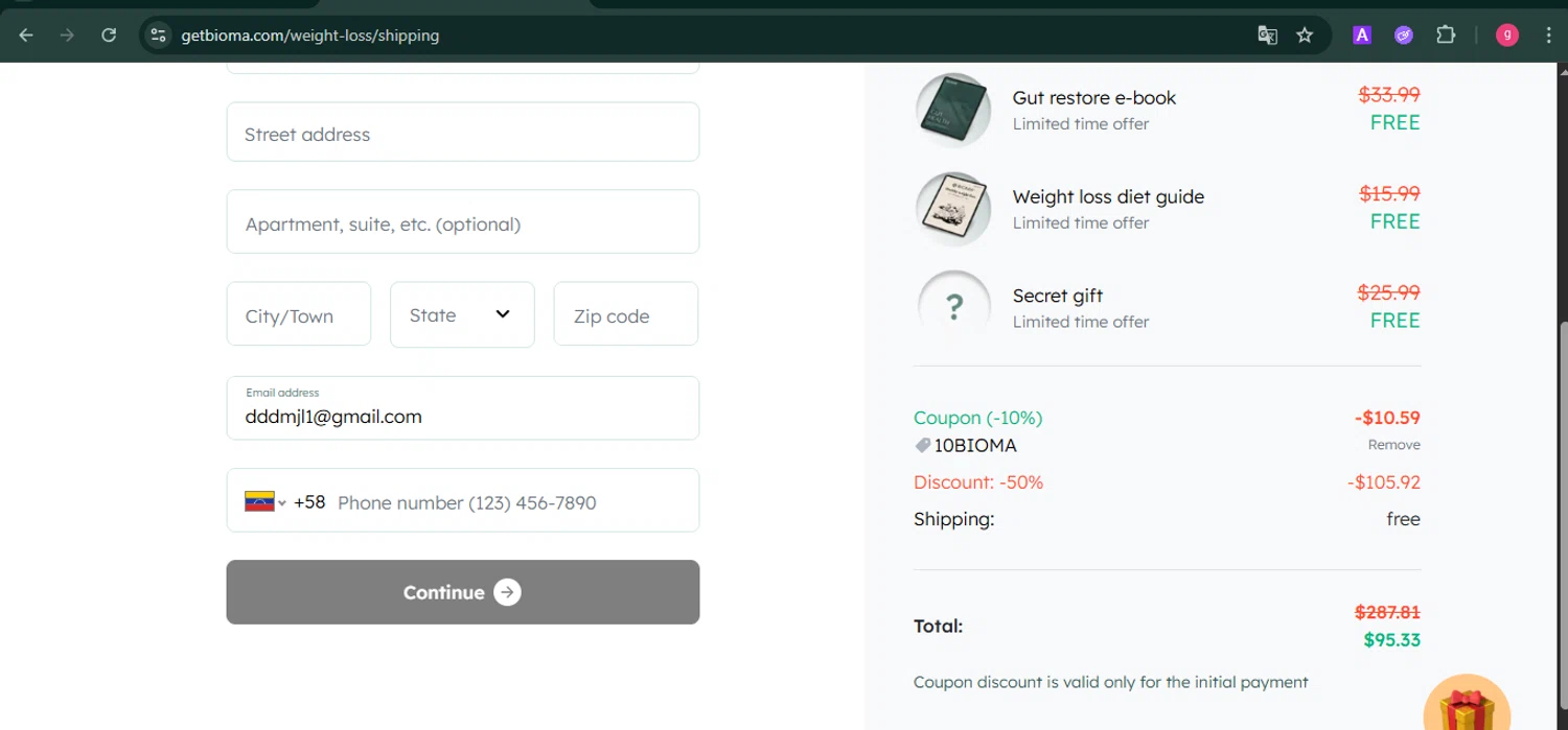 Bioma checkout page showing Bioma discount code box | Screenshot taken by SimplyCodes community member on Jan 22, 2026