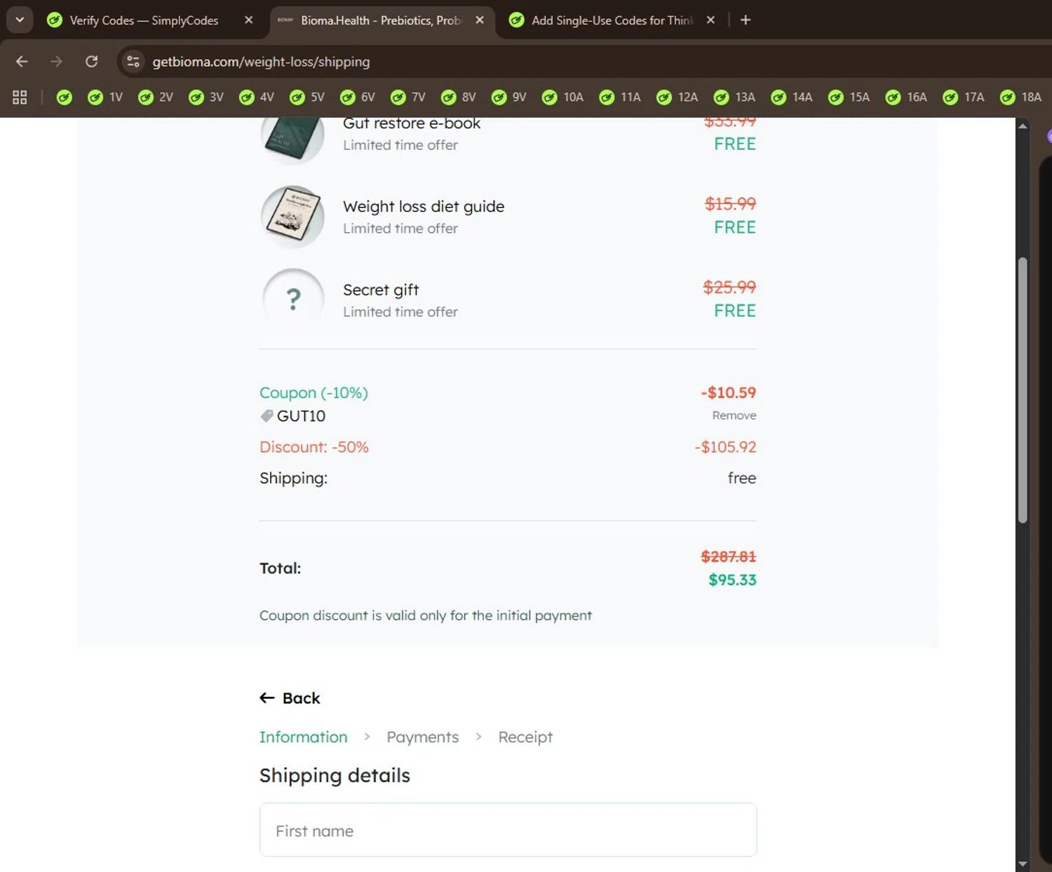 Bioma checkout page showing Bioma discount code box | Screenshot taken by SimplyCodes community member on Jan 27, 2026