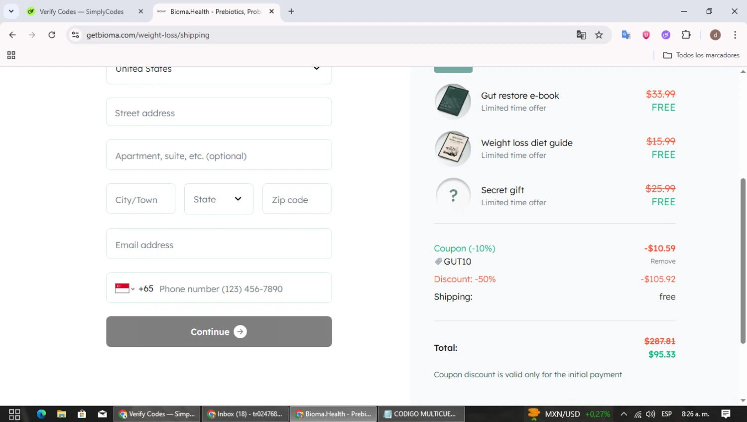 Bioma discount code screenshot showing code GUT10 applied at Bioma checkout page. Uploaded by SimplyCodes community member SavingsBoss991 on Nov 30, 2025