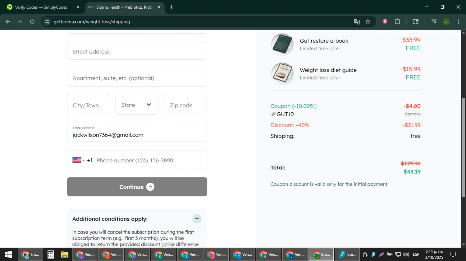 Bioma discount code screenshot showing code GUT10 applied at Bioma checkout page. Uploaded by SimplyCodes community member ShieldFinder369 on Oct 3, 2025