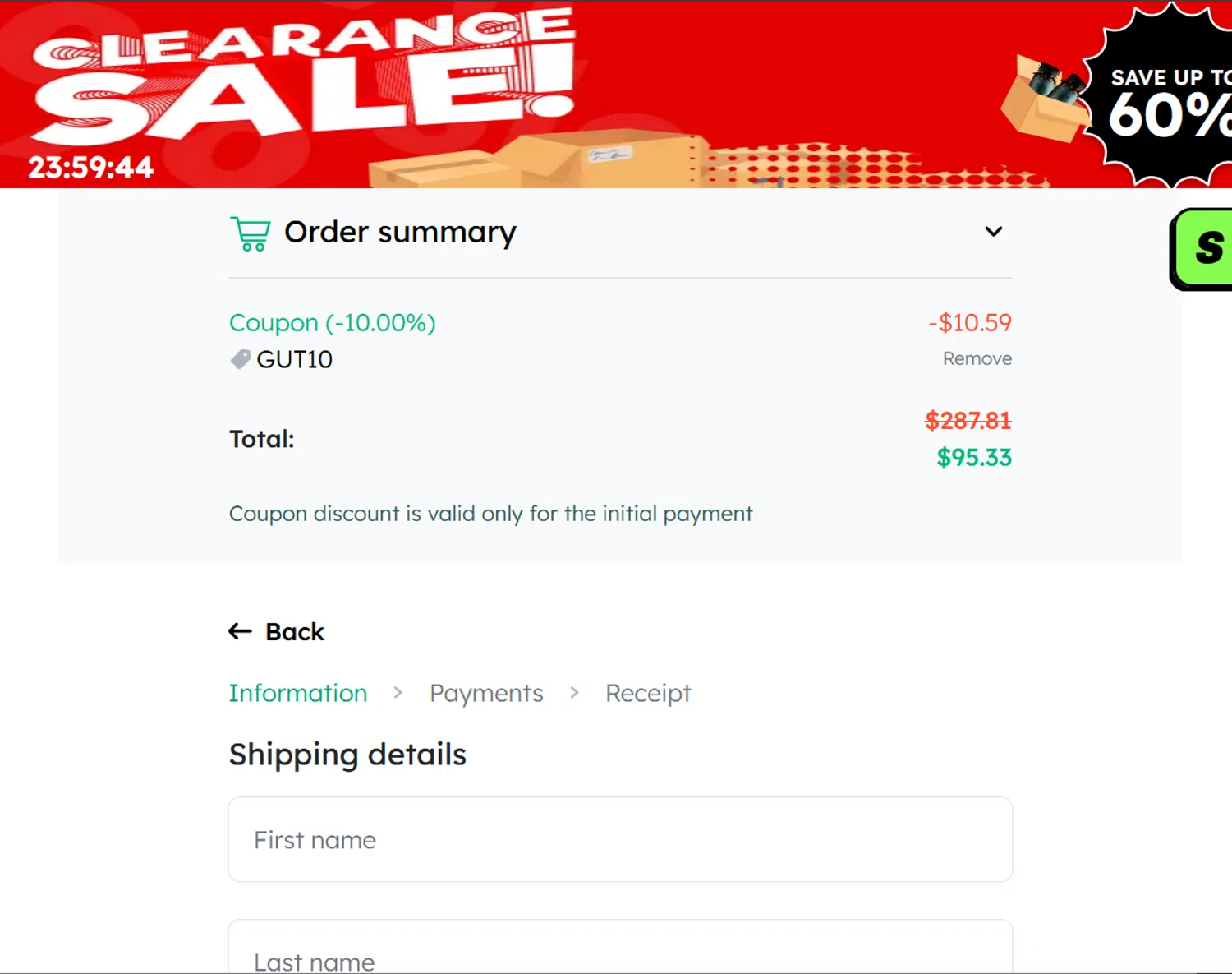 Bioma discount code screenshot showing code GUT10 applied at Bioma checkout page. Uploaded by SimplyCodes community member ValiantLion5897 on Oct 3, 2025