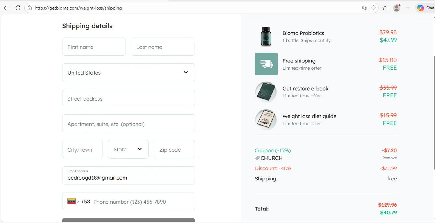 Bioma discount code screenshot showing code CHURCH applied at Bioma checkout page. Uploaded by SimplyCodes community member MoneyRanger9663 on Jan 27, 2026