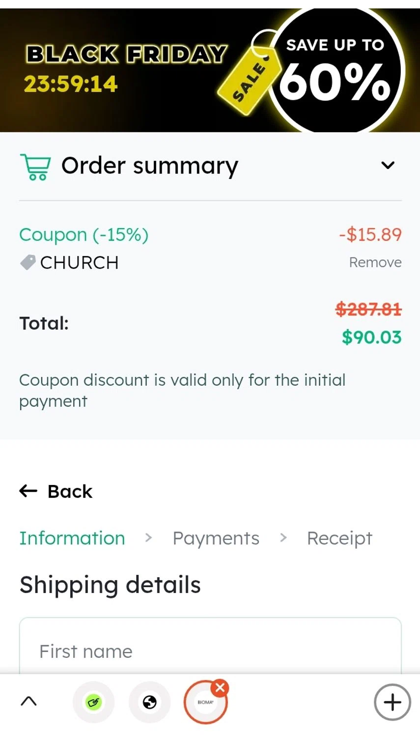 Bioma discount code screenshot showing code CHURCH applied at Bioma checkout page. Uploaded by SimplyCodes community member yajairagonzalez1 on Nov 30, 2025