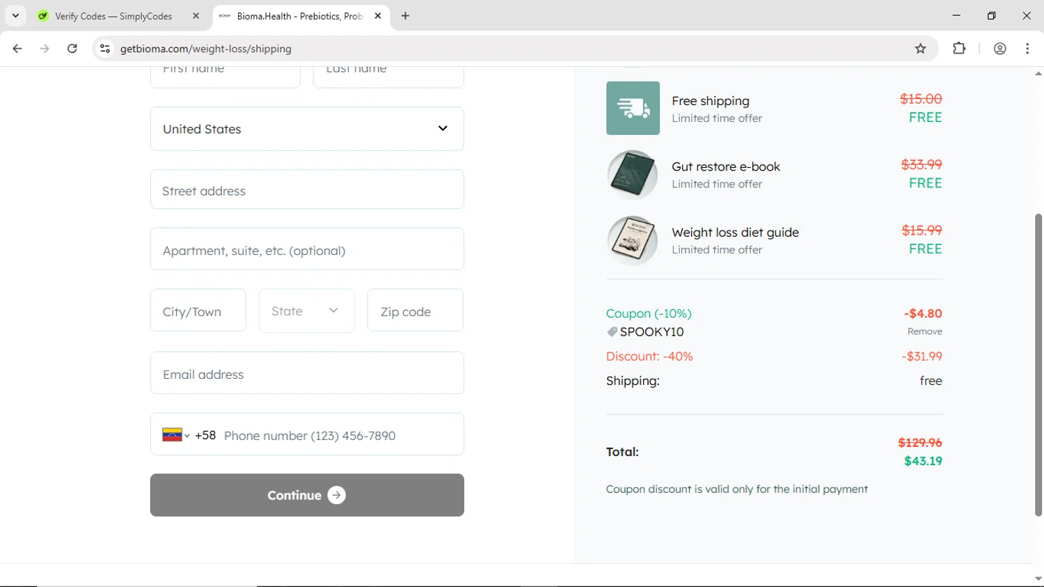 Bioma discount code screenshot showing code Spooky10 applied at Bioma checkout page. Uploaded by SimplyCodes community member DiscountScout1646 on Nov 24, 2025