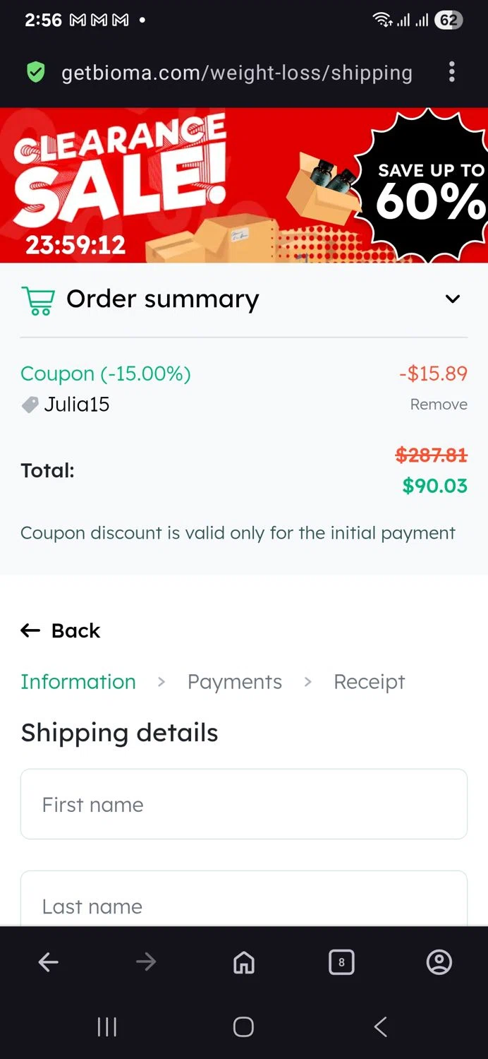 Bioma discount code screenshot showing code Julia15 applied at Bioma checkout page. Uploaded by SimplyCodes community member vida5254427716958 on Sep 30, 2025