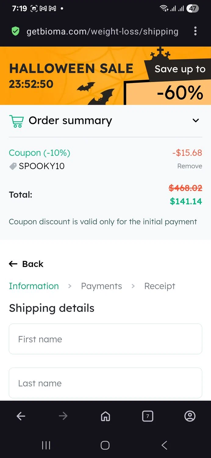 Bioma discount code screenshot showing code Spooky10 applied at Bioma checkout page. Uploaded by SimplyCodes community member vida5254427716958 on Oct 26, 2025