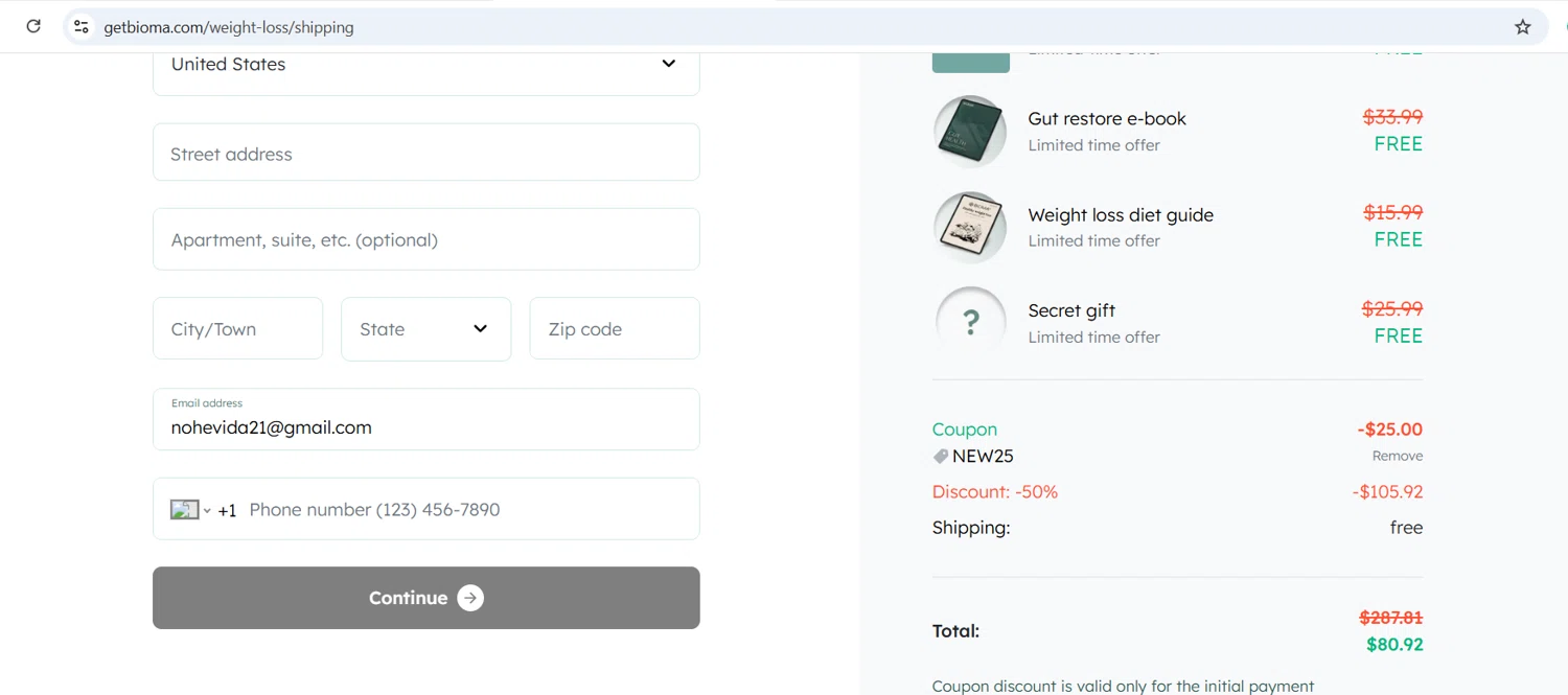 Bioma discount code screenshot showing code new25 applied at Bioma checkout page. Uploaded by SimplyCodes community member vida5254427716958 on Dec 29, 2025