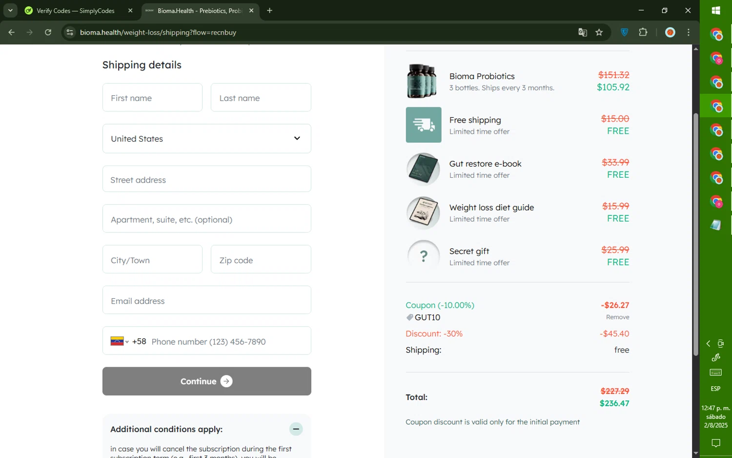 Bioma.Health promo code screenshot showing code gut10 applied at Bioma.Health checkout page. Uploaded by SimplyCodes community member CashMaverick8128 on Aug 2, 2025