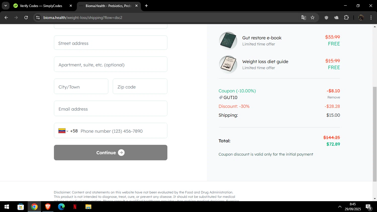 Bioma.Health promo code screenshot showing code gut10 applied at Bioma.Health checkout page. Uploaded by SimplyCodes community member Luckystrike on Sep 29, 2025