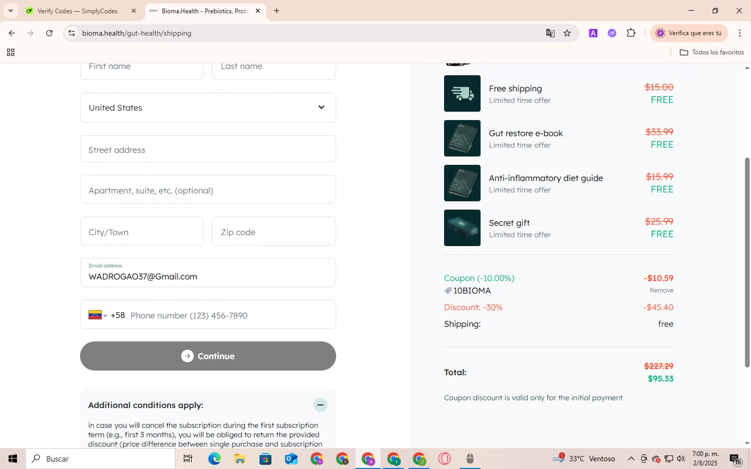 Bioma.Health promo code screenshot showing code 10BIOMA applied at Bioma.Health checkout page. Uploaded by SimplyCodes community member Andygar on Aug 2, 2025