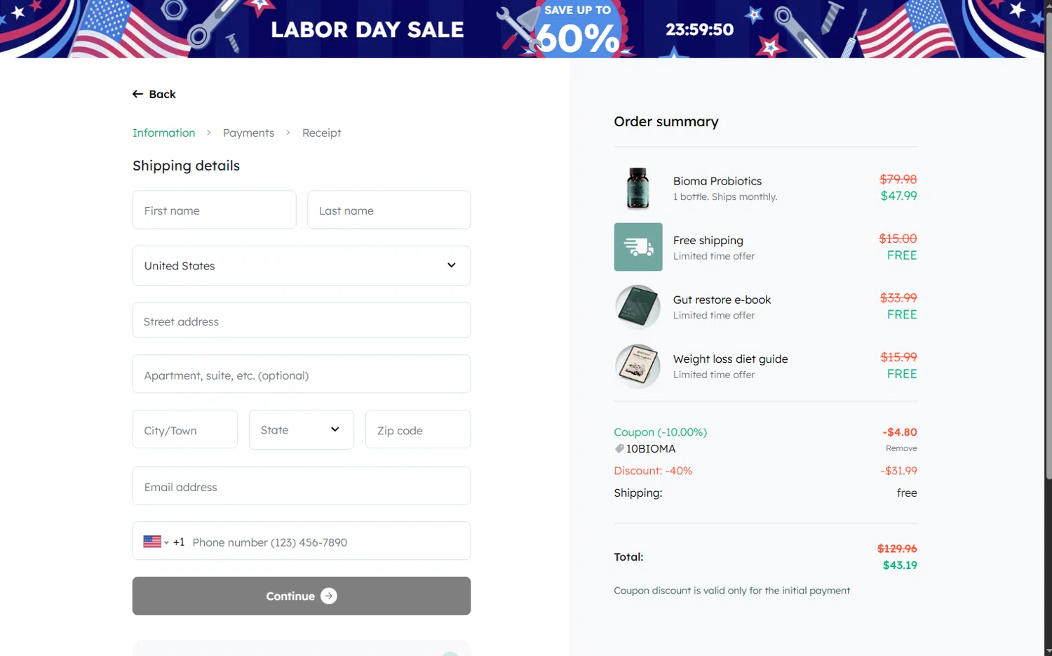 Bioma.Health promo code screenshot showing code 10BIOMA applied at Bioma.Health checkout page. Uploaded by SimplyCodes community member BrilliantVoyager5752 on Aug 31, 2025