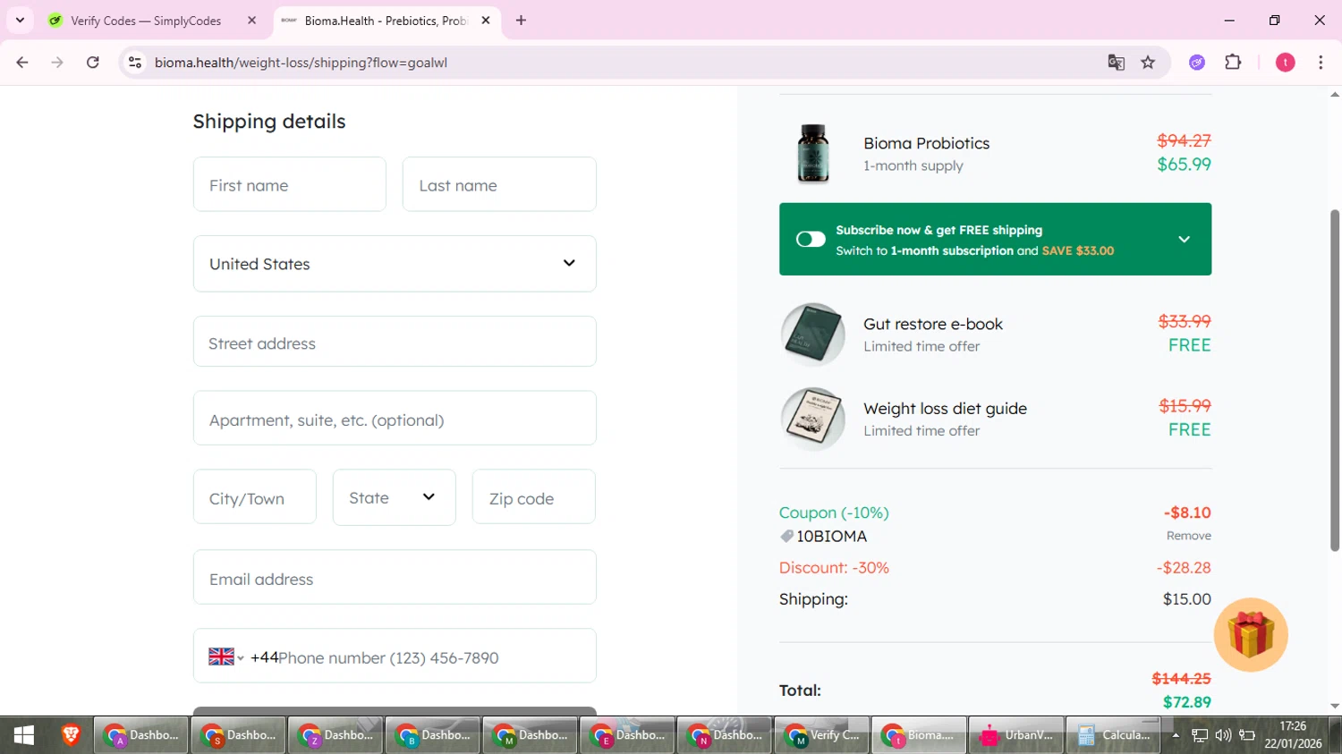 Bioma.Health checkout page showing Bioma.Health promo code box | Screenshot taken by SimplyCodes community member on Jan 22, 2026
