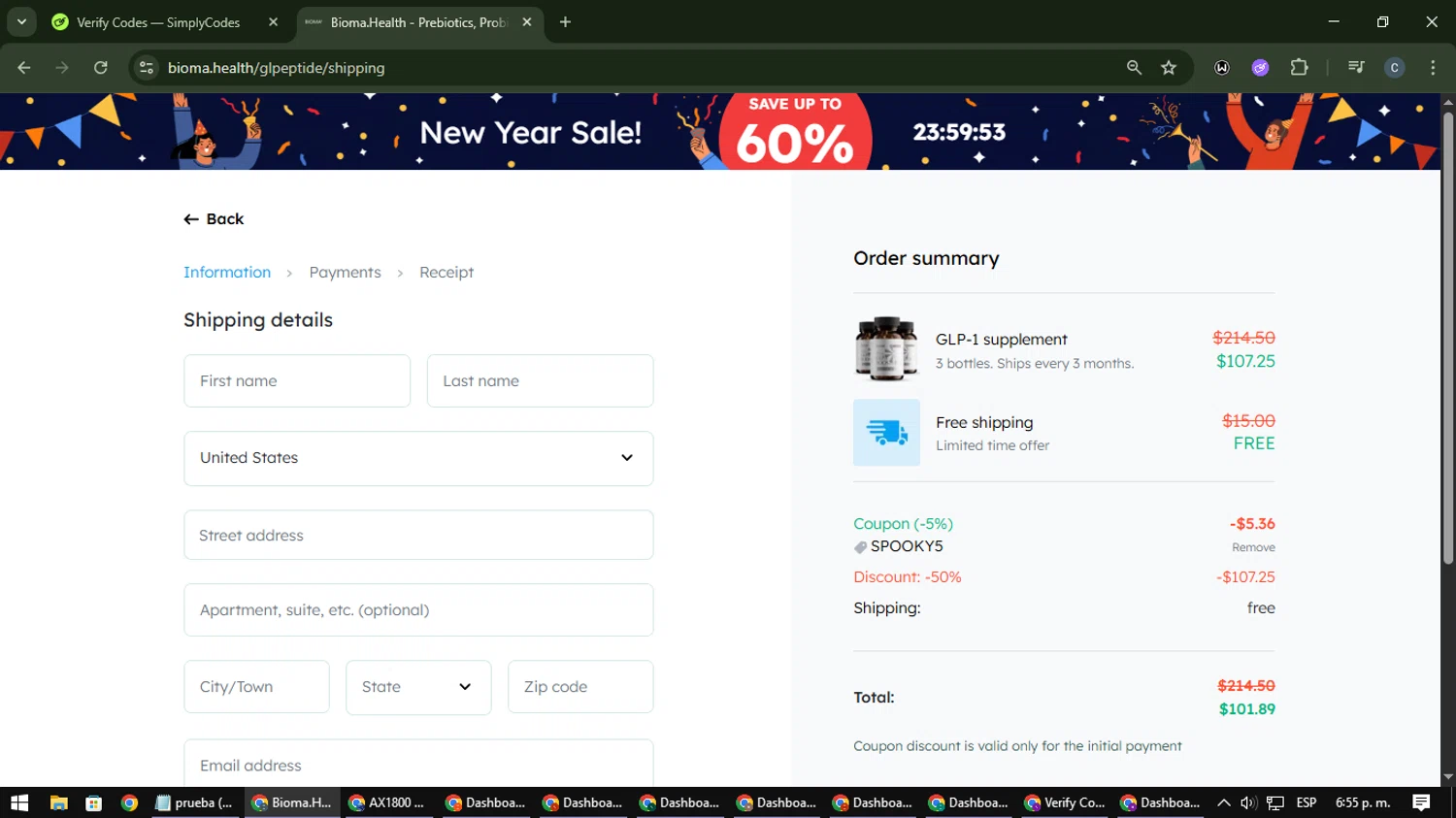 Bioma.Health promo code screenshot showing code SPOOKY5 applied at Bioma.Health checkout page. Uploaded by SimplyCodes community member Nata_Montana on Jan 2, 2026