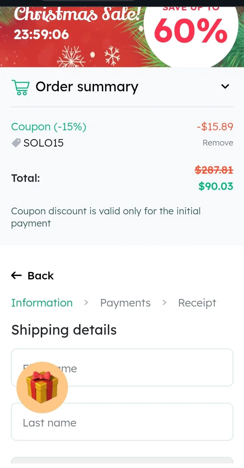 Bioma.Health promo code screenshot showing code SOLO15 applied at Bioma.Health checkout page. Uploaded by SimplyCodes community member SmartSaver7916 on Dec 11, 2025