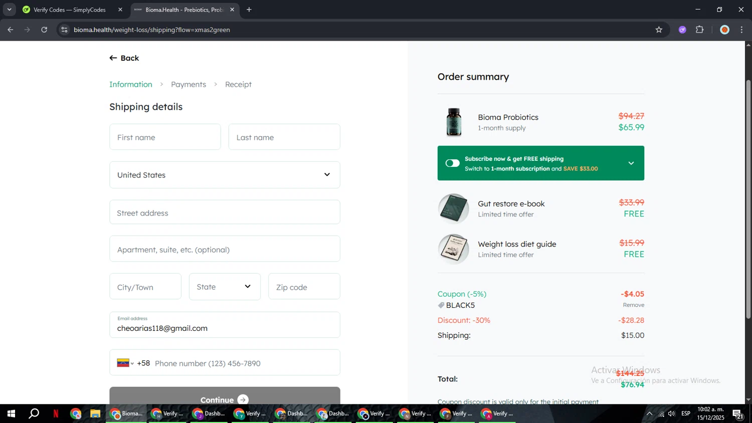 Bioma.Health promo code screenshot showing code BLACK5 applied at Bioma.Health checkout page. Uploaded by SimplyCodes community member BonusCaptain9927 on Dec 15, 2025