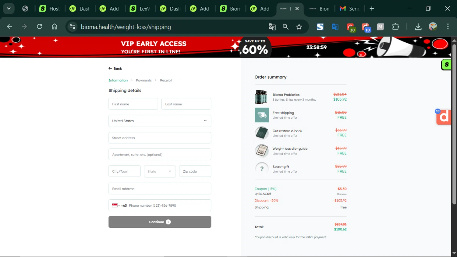 Bioma.Health promo code screenshot showing code BLACK5 applied at Bioma.Health checkout page. Uploaded by SimplyCodes community member ESTHER3121 on Nov 16, 2025