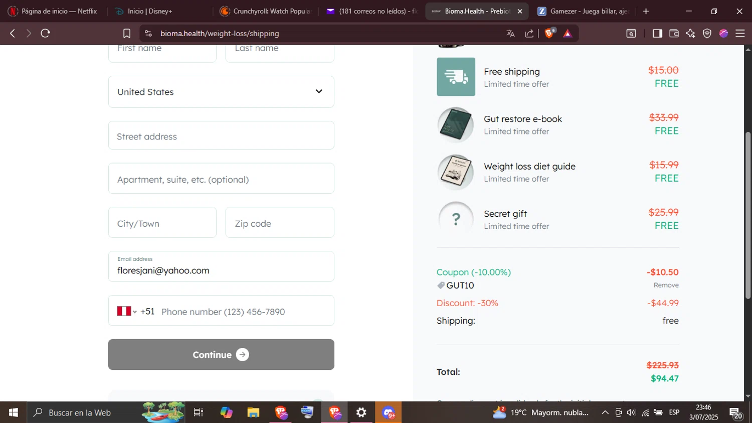 Bioma.Health promo code screenshot showing code gut10 applied at Bioma.Health checkout page. Uploaded by SimplyCodes community member LaVelaEnPinta on Jul 4, 2025